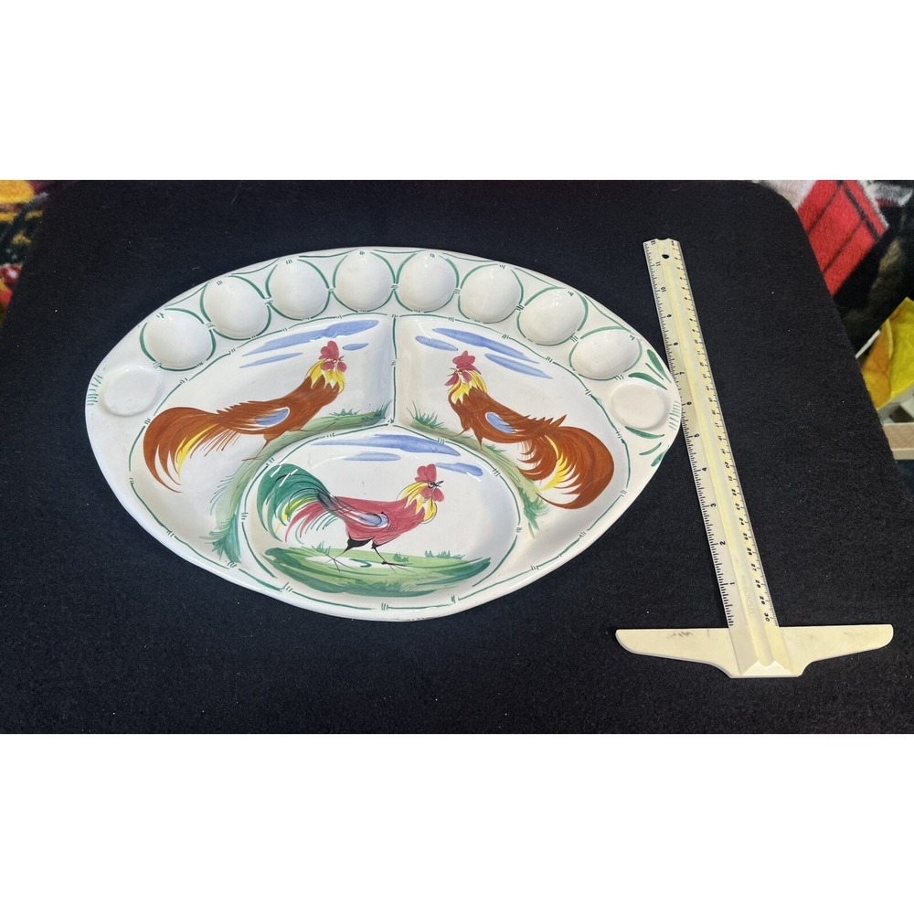 Deviled Egg Platter‎ Divided Dish Vtg Painted Roosters Italy 15" W Fridgescaping - Picture 4 of 5